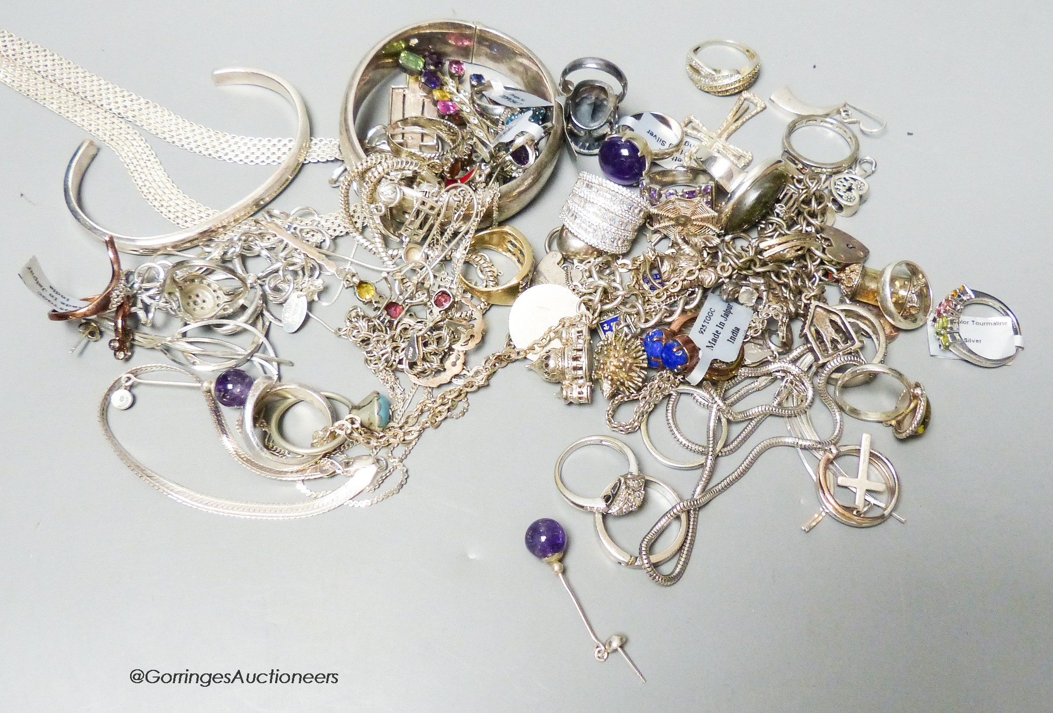 Mixed group of mainly silver or 925 jewellery including, bangle, necklaces, rings etc.